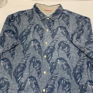 Men Tommy Bahama Blue Leaf Pattern Linen Short Sleeve Button Shirt Size XL